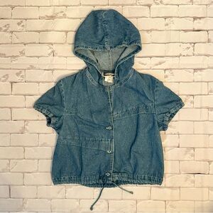 Vintage Denim Short-Sleeve Hooded Button-Down Shirt